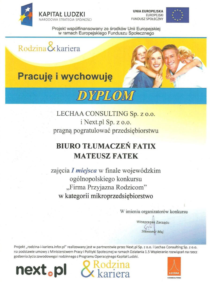 Dyplom Firmy Przyjaznej Rodzicom